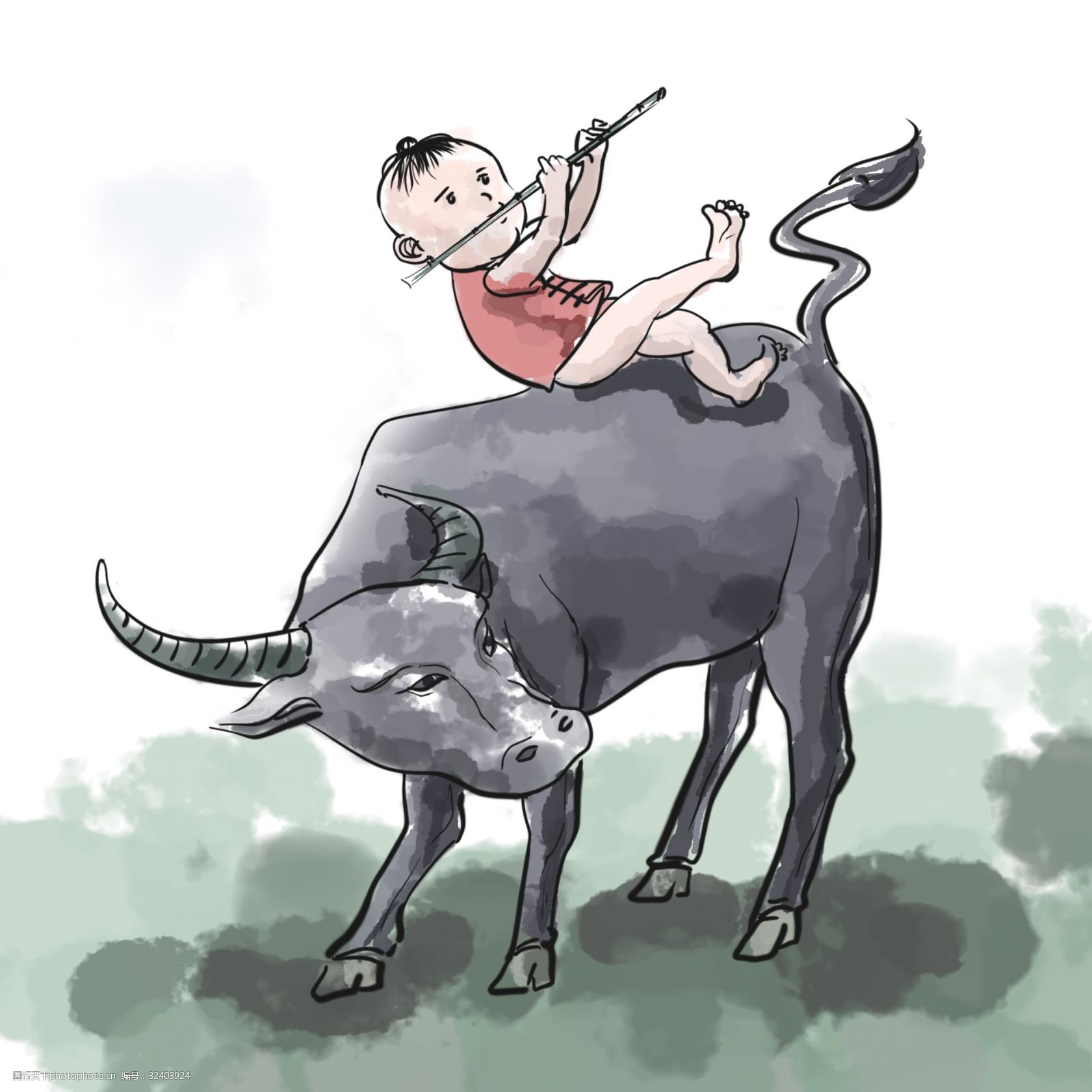 牧童水牛主题骑牛吹笛水墨风格手绘