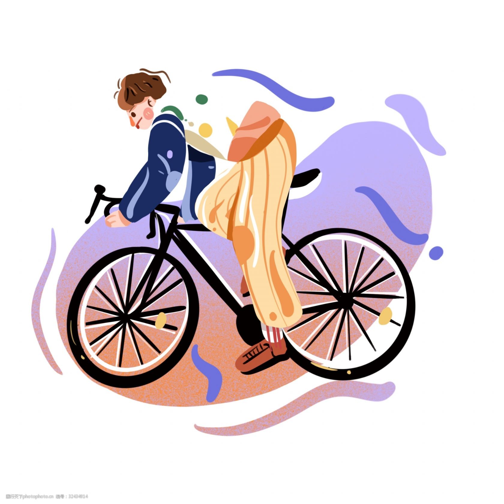 骑自行车的男孩彩色系韩系手绘插画png免抠素材