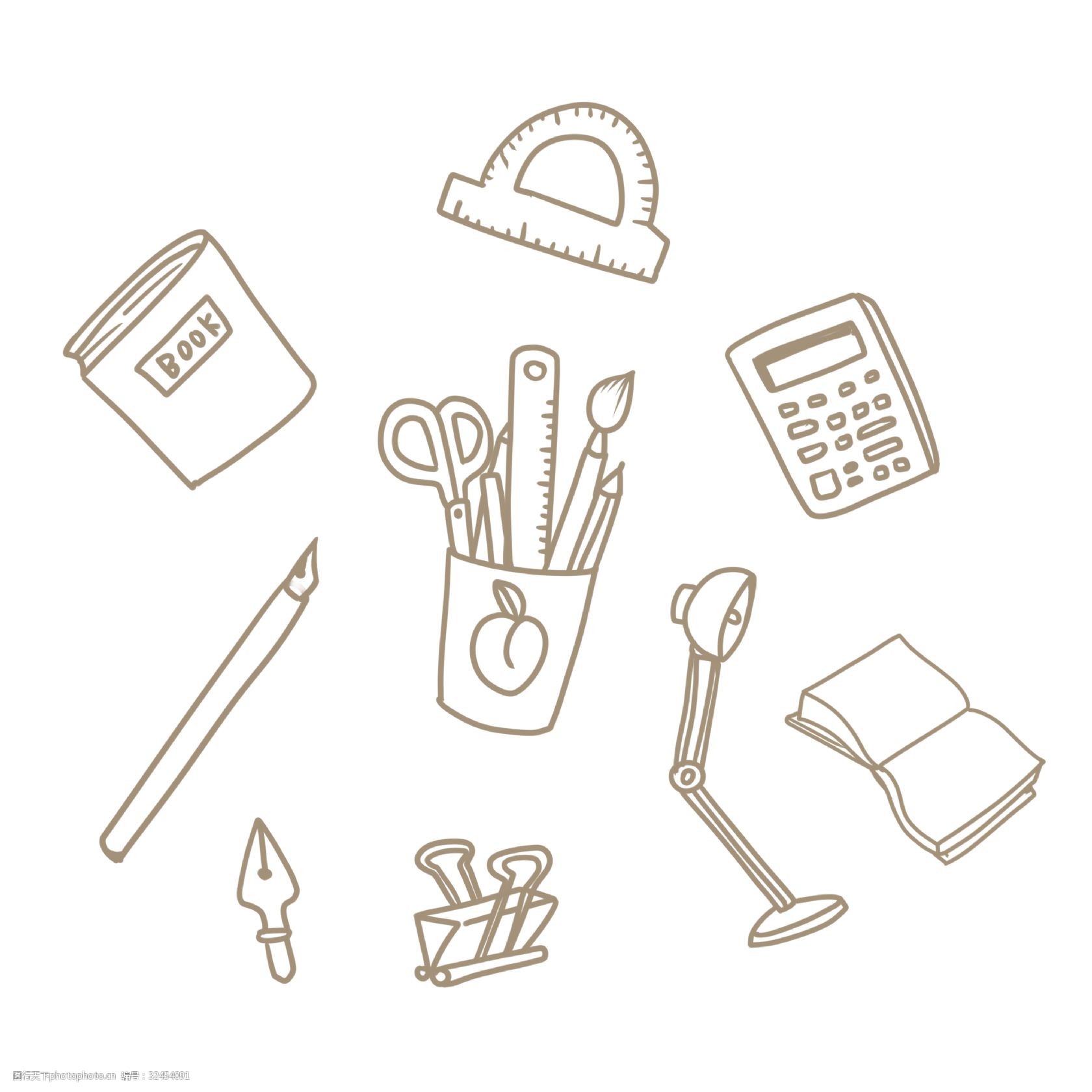 棕色线条涂鸦风文具装饰图案