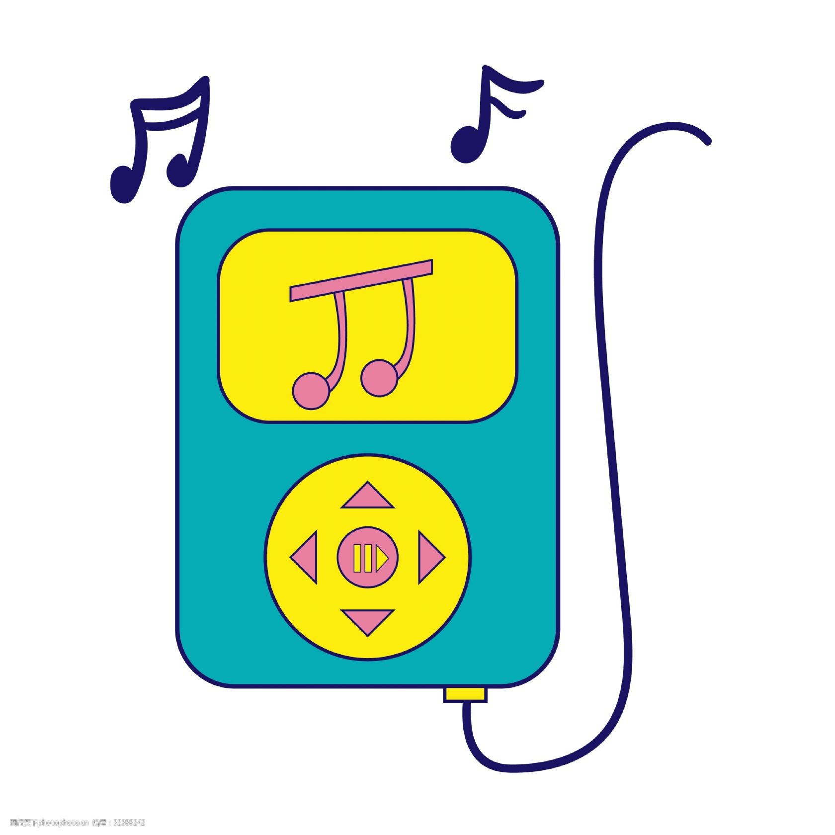 音乐符号播放器插画 黄色的播放器 卡通插画 音乐插画 音乐符号 符号