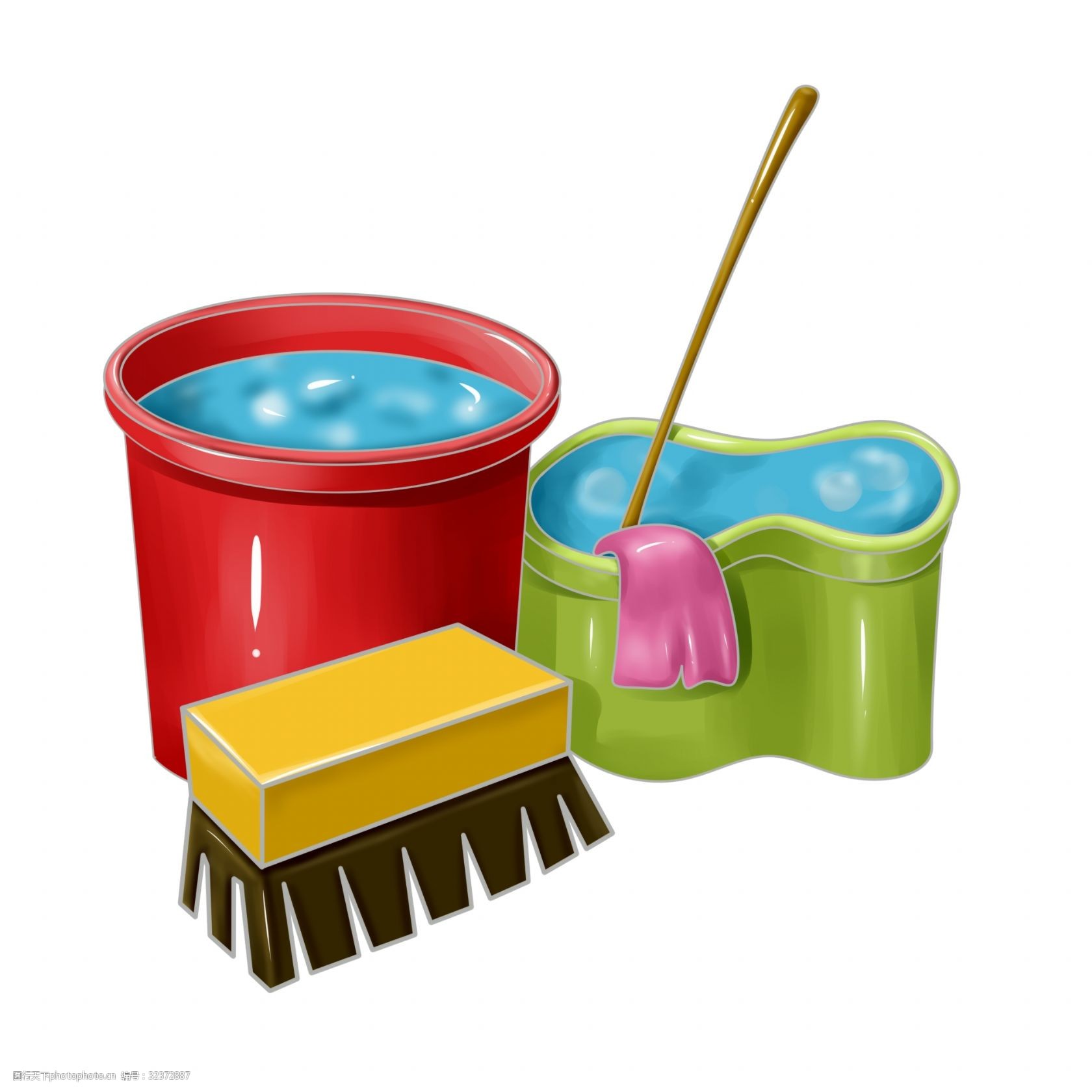 黄色笤帚 扫地 打扫 卫生用品 绿色拖布桶 紫色的抹布 清洁用品插画