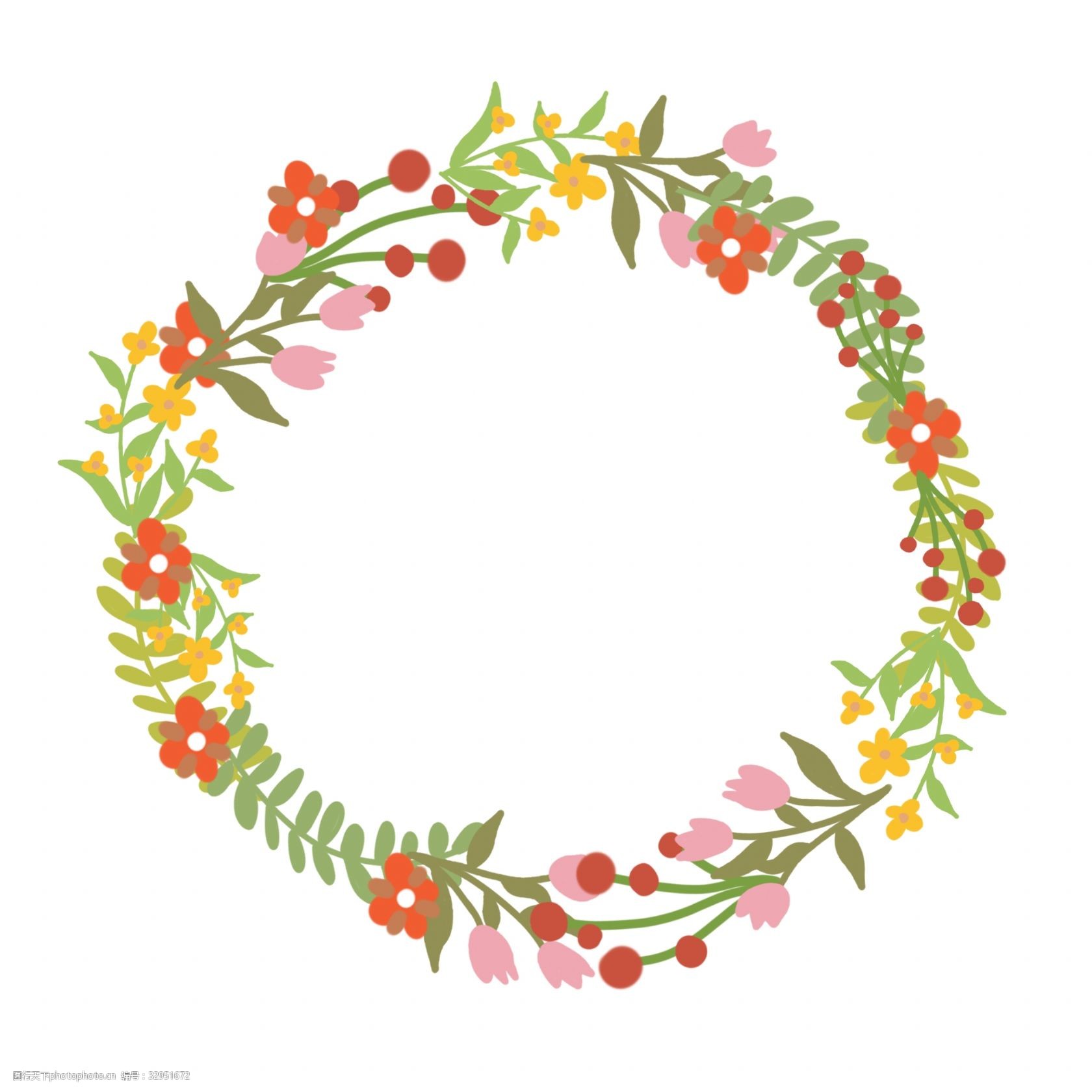 关键词:橙色小花花环插画 橙色的小花 绿色的叶子 植物装饰 卡通花环