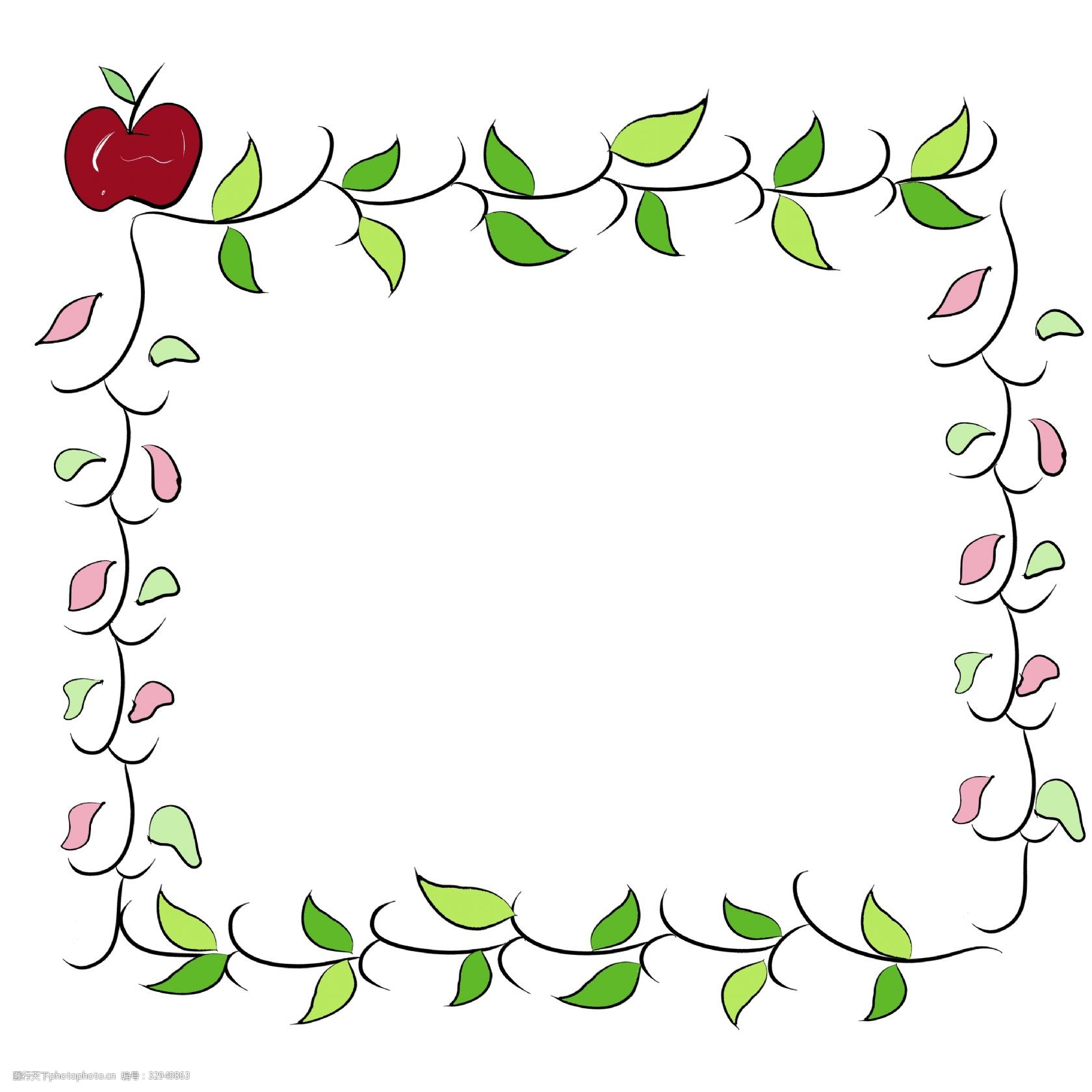 苹果花藤装饰边框 红苹果边框 绿叶装饰边框 创意边框 卡通边框 水果