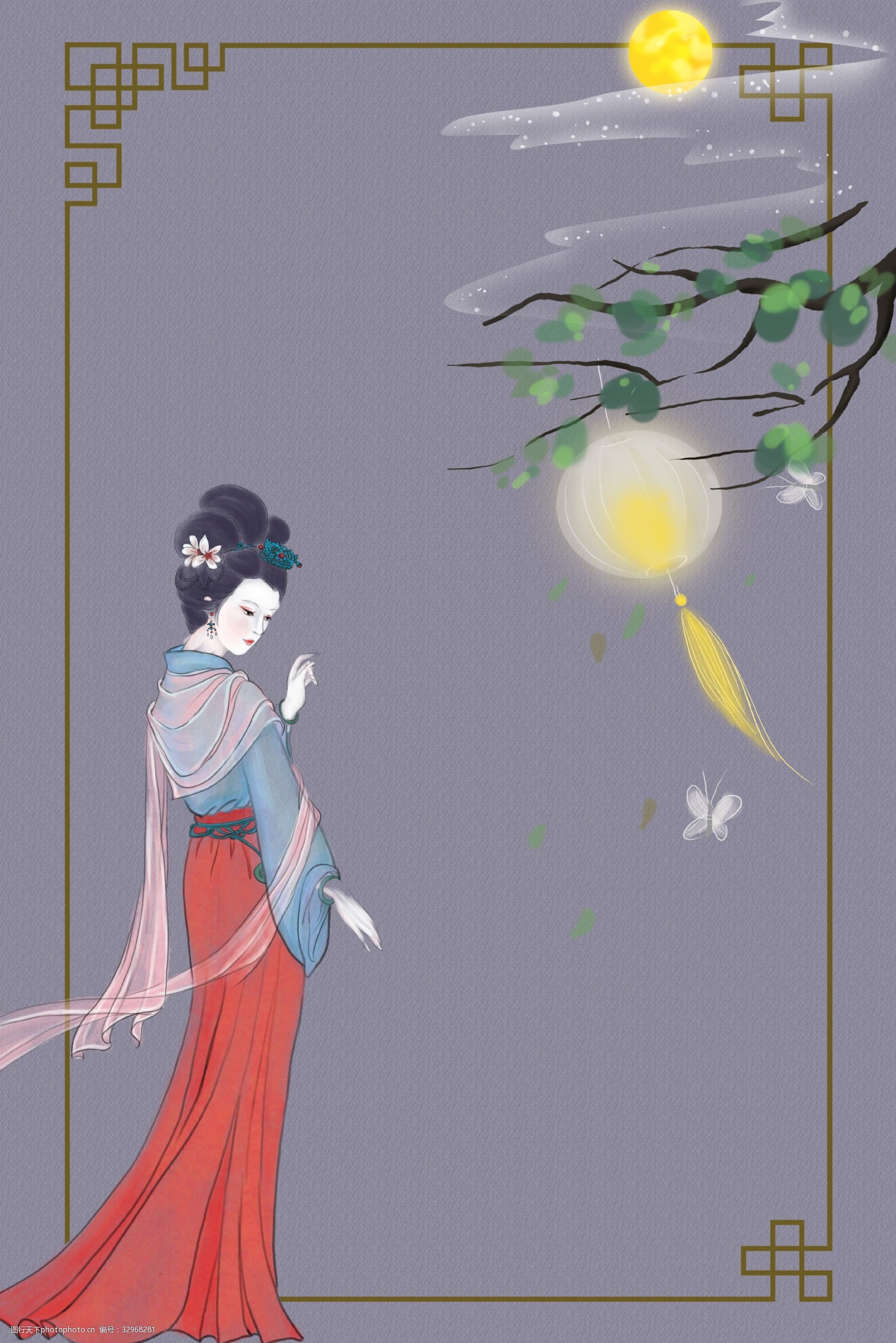 复古中国风工笔画月下仕女图