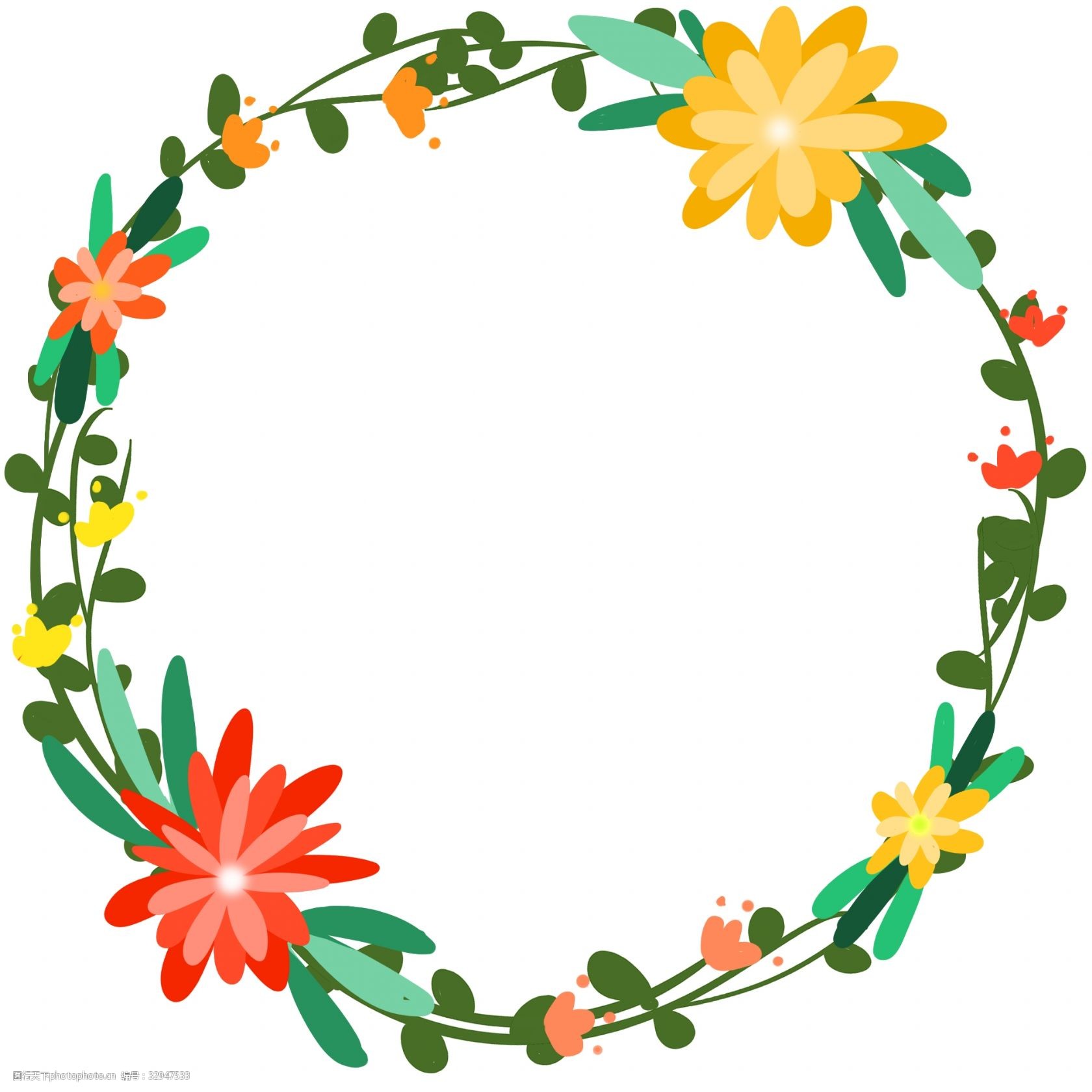 关键词:黄色小花花环插画 菊花花朵 鲜花花枝花环 花圈 植物花环边框