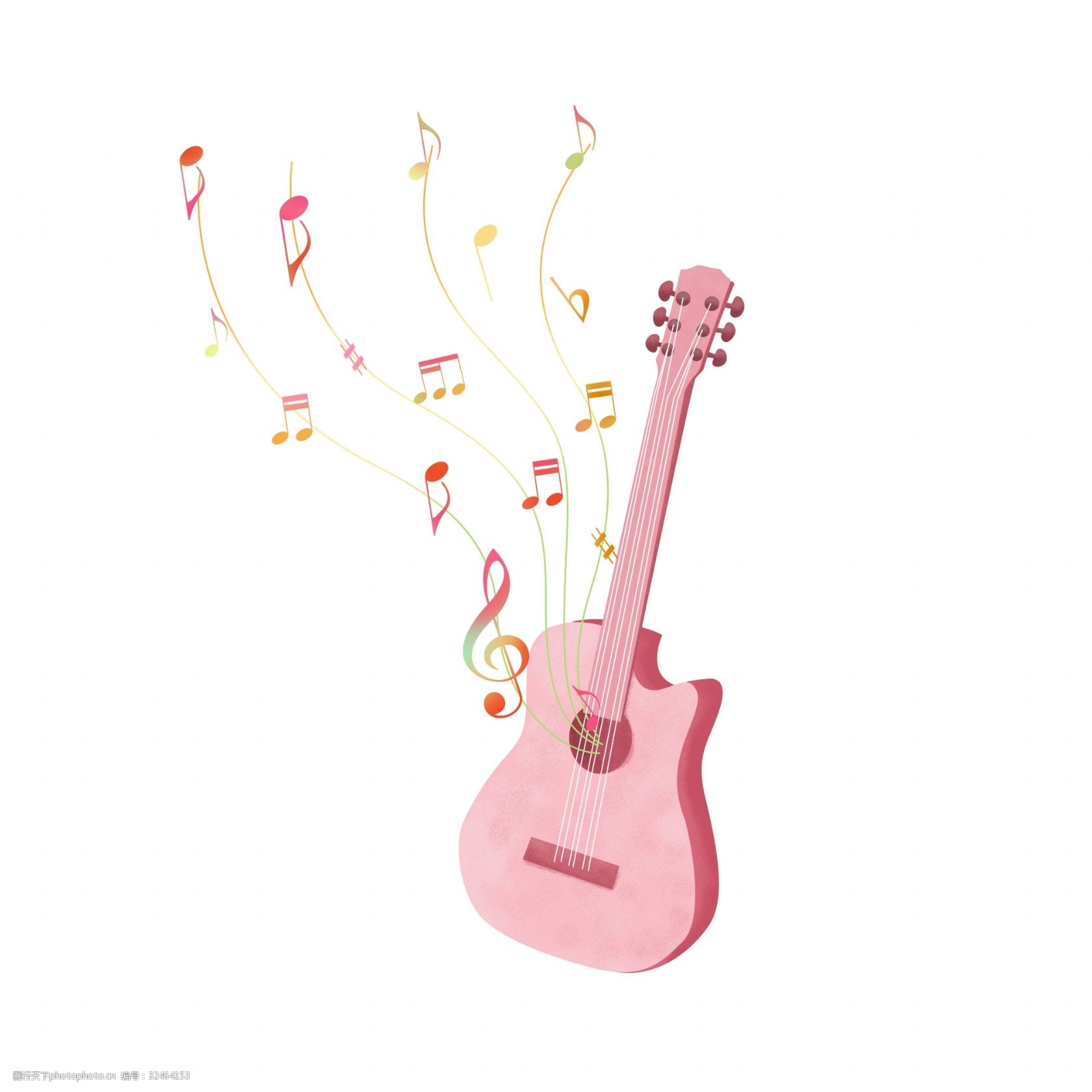 手绘渐变漂浮音符环绕乐器粉色吉他装饰图案图片