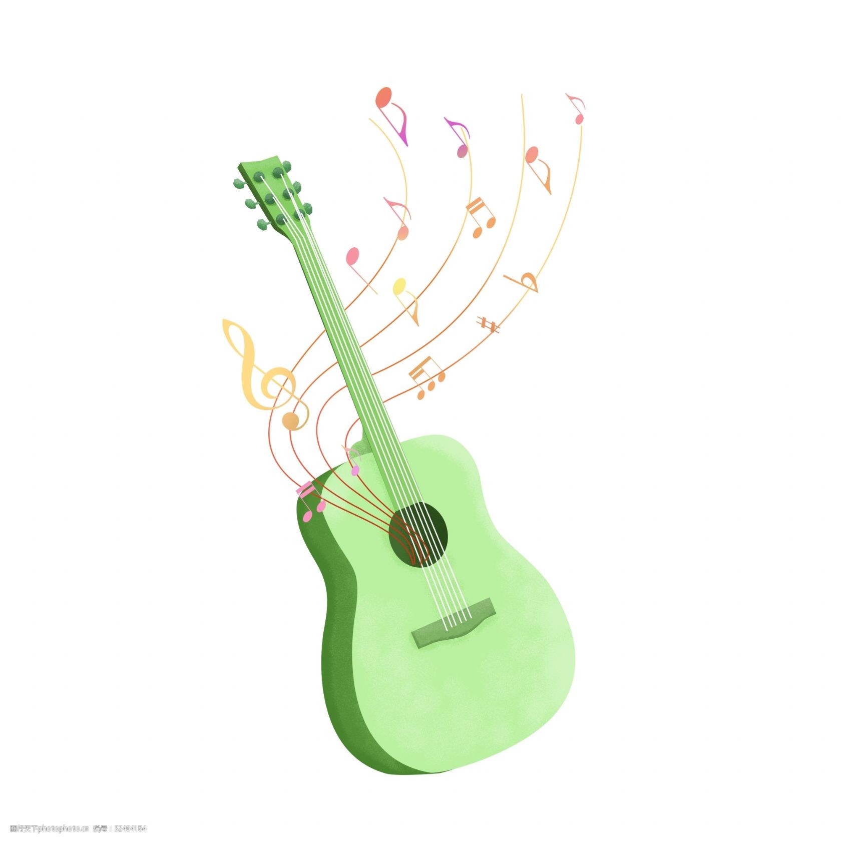 手绘渐变漂浮音符环绕乐器绿色吉他装饰图案图片