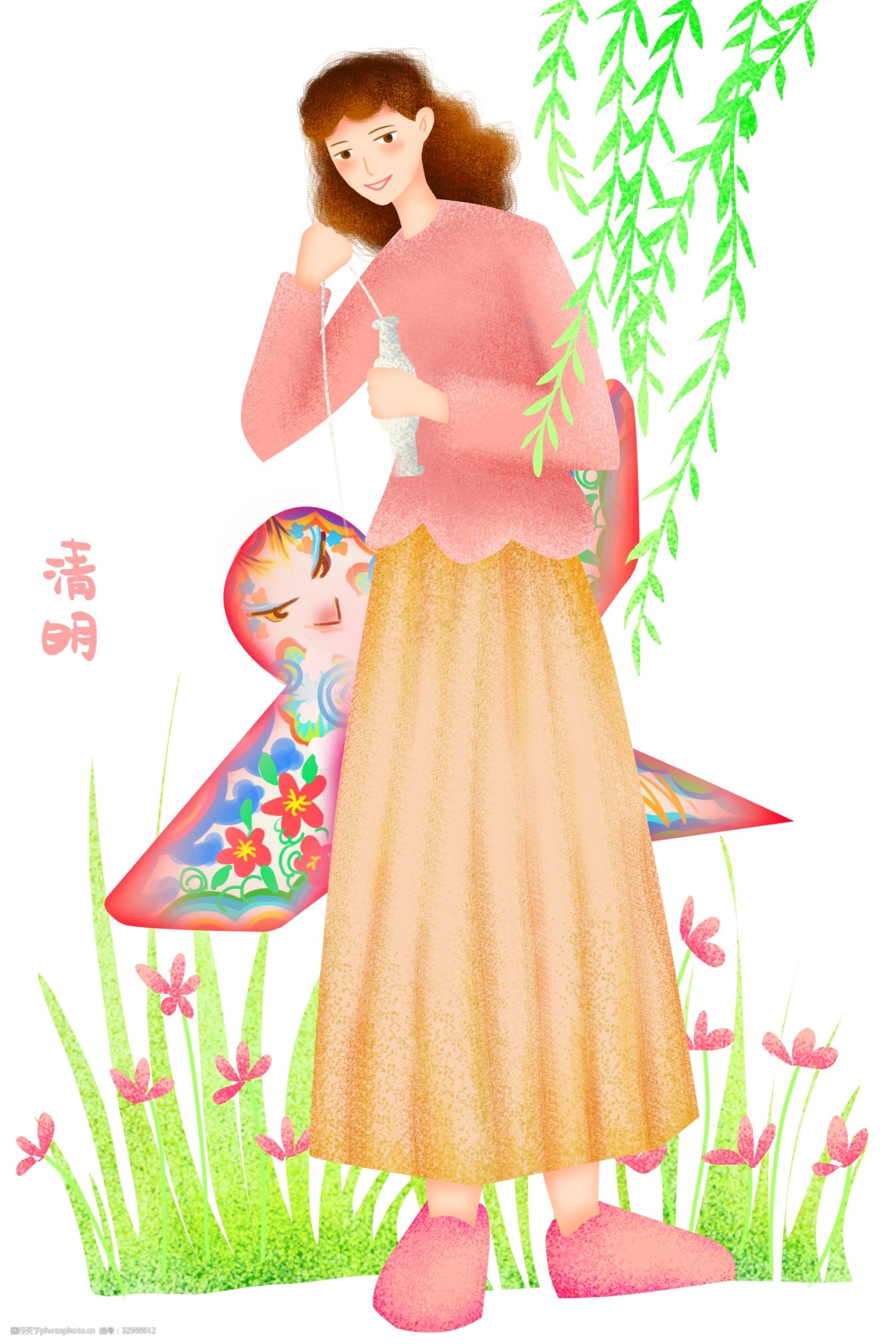 人物插画 拿风筝的女孩 红色的风筝 绿色的叶子 垂钓的柳树 卡通人物