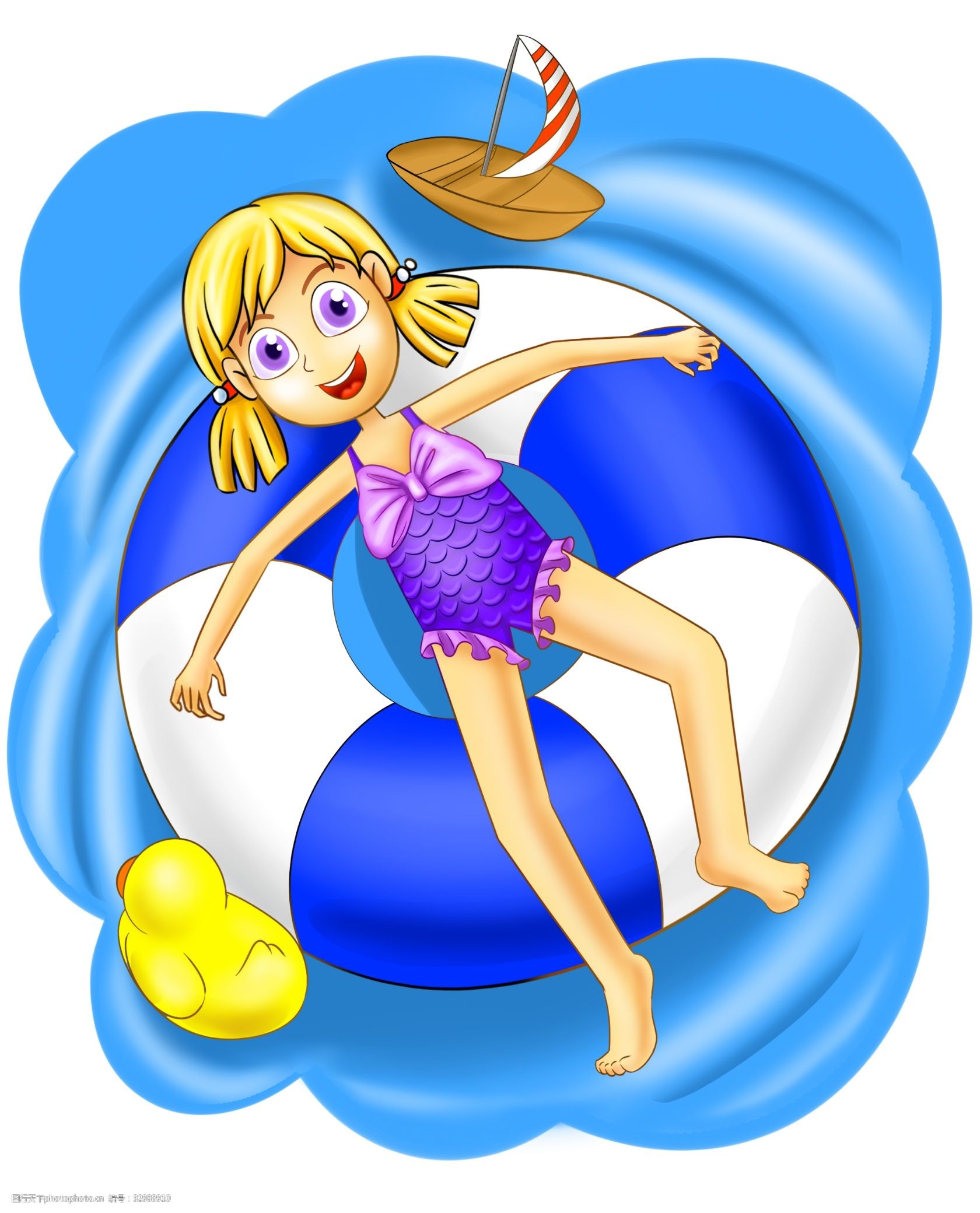 游泳人物插画 游泳的小女孩 游泳健身 黄色的帆船 卡通人物 紫色的