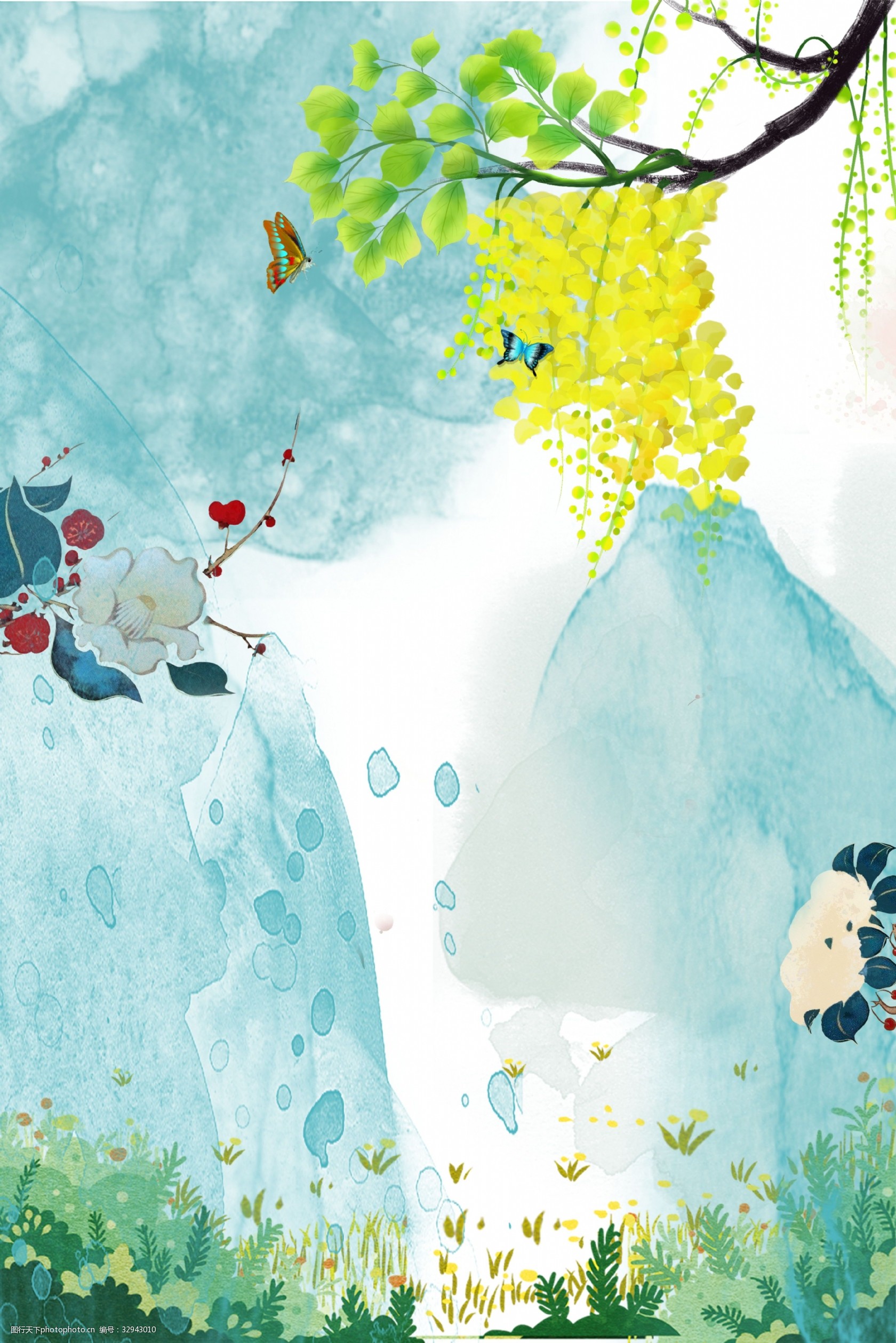 夏季花卉蓝色文艺海报banner背景图片-图行天下图库