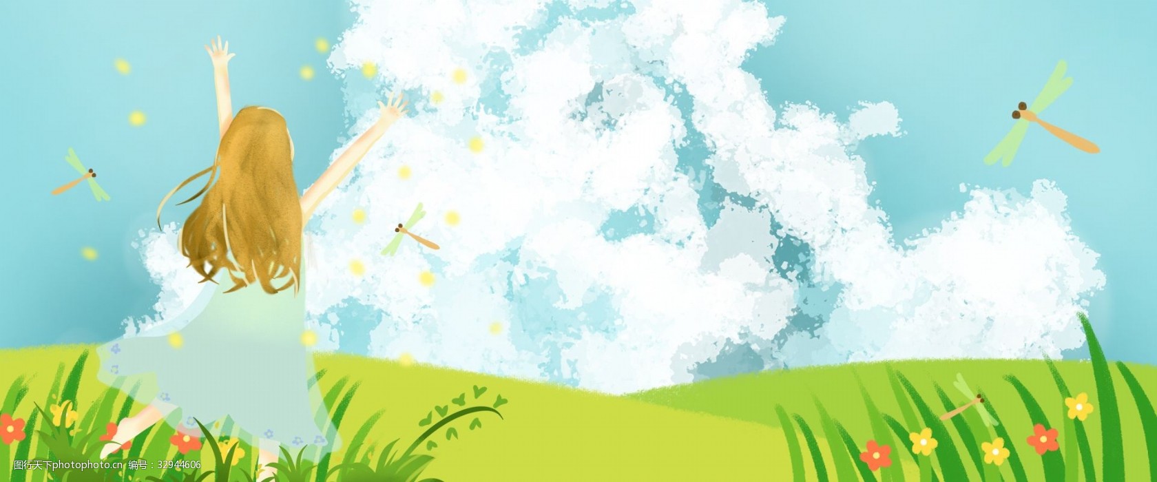 夏季 女孩 赏花 抓蜻蜓 海报 背景 千库网 卡通 云朵