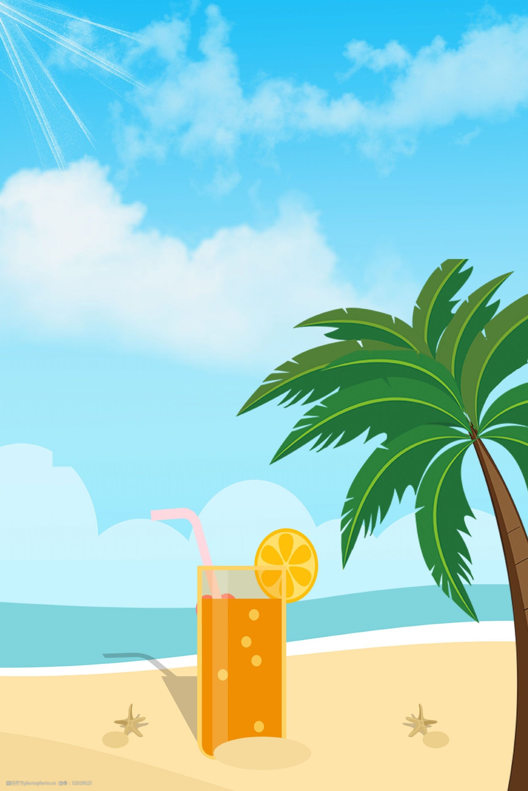 夏季沙滩果汁冰爽背景 凉爽的 椰子树 美丽的 遮阳篷 假日 卡通 夏天