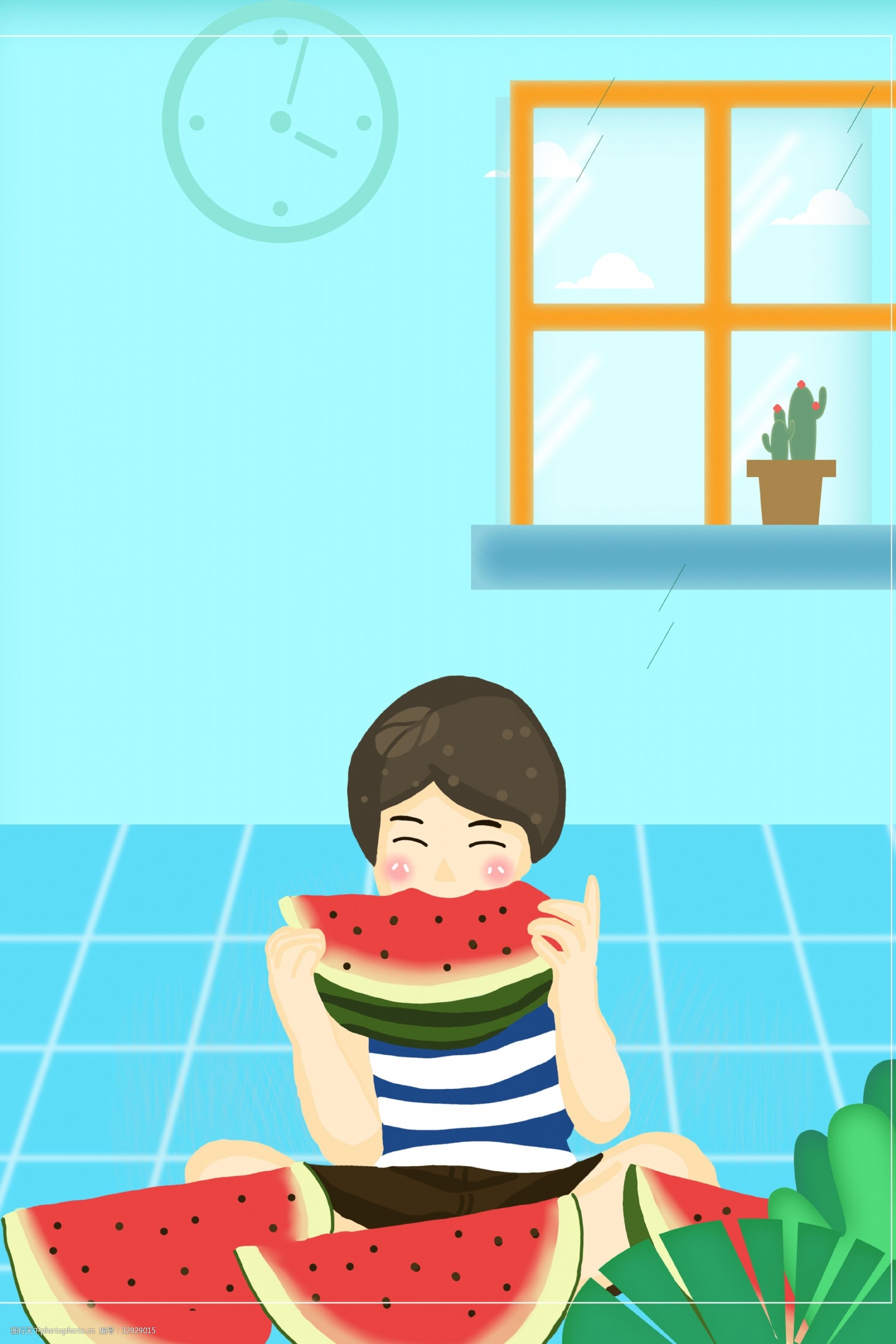 关键词:夏季清爽吃瓜背景 扁平 简约 文艺 清新 卡通 手绘 水果茶