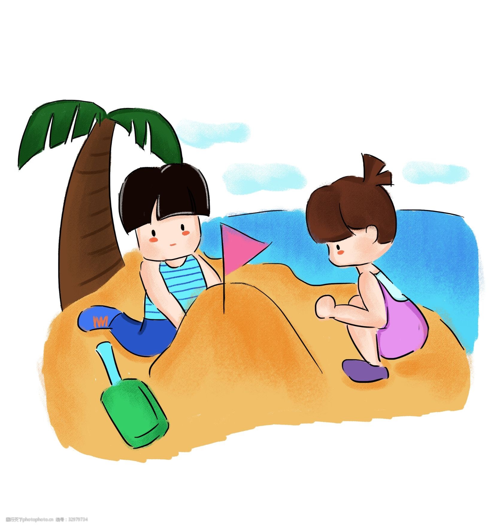 儿童画沙滩大海玩沙子图片