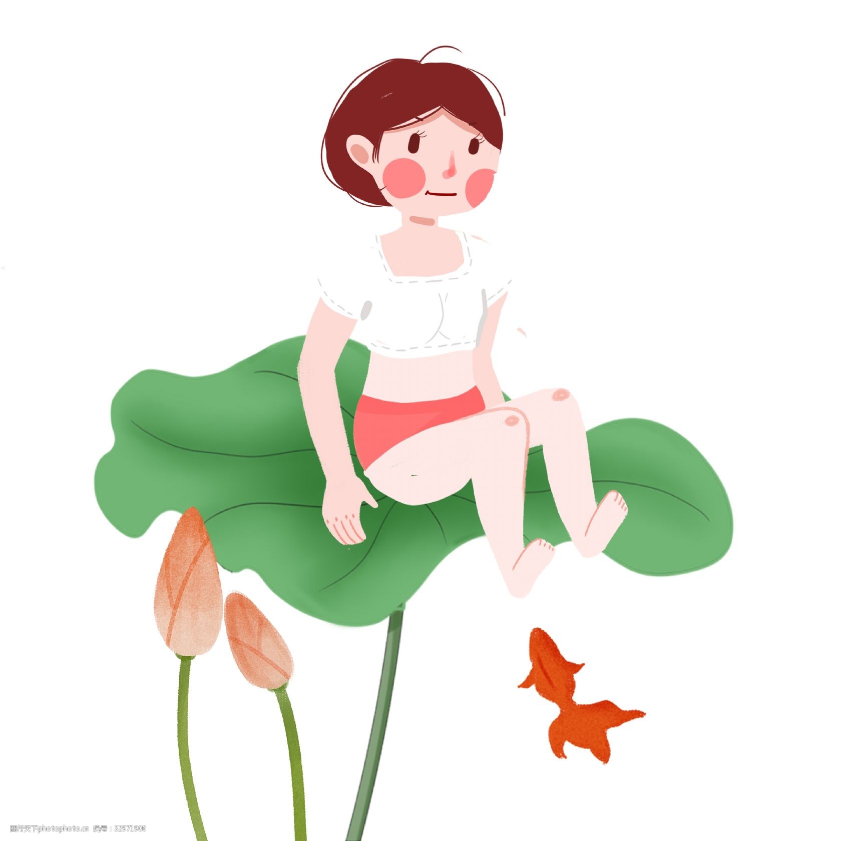 夏天坐在荷叶上的女孩手绘插画