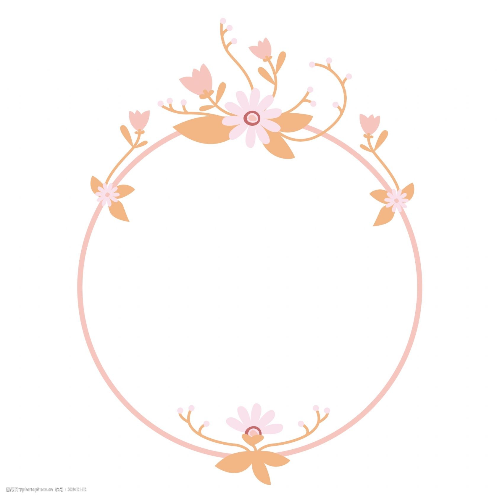 关键词:春季植物花环 圆形 花朵 边框
