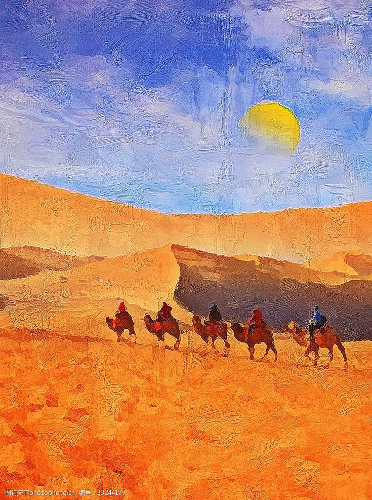 金色沙漠骆驼风景油画
